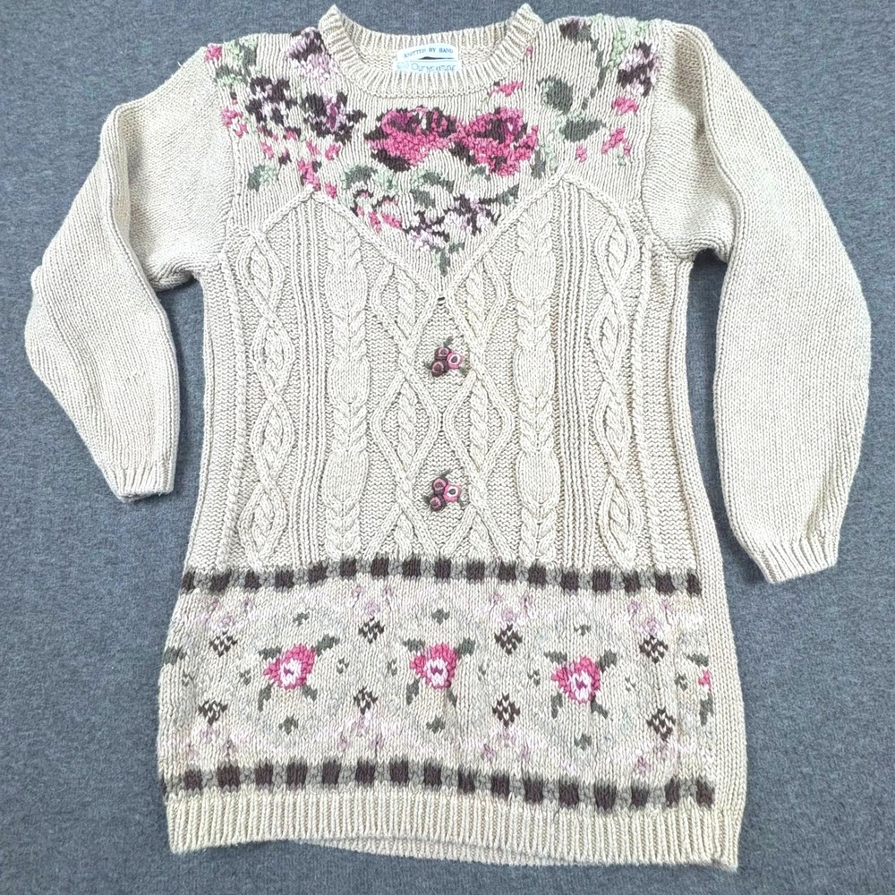 Vtg Knitted By‎ Hand Chrysantheme Sweater Dress Woman S. Floral Cottagecore Cozy